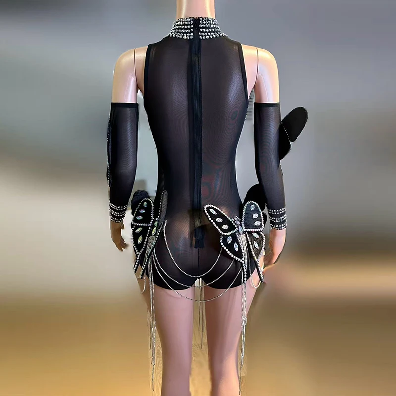 2025 traje de escenario para mujer, mono Sexy negro sin mangas con mariposa Gogo Showgirl, traje de actuación, disfraz de fiesta en club nocturno
