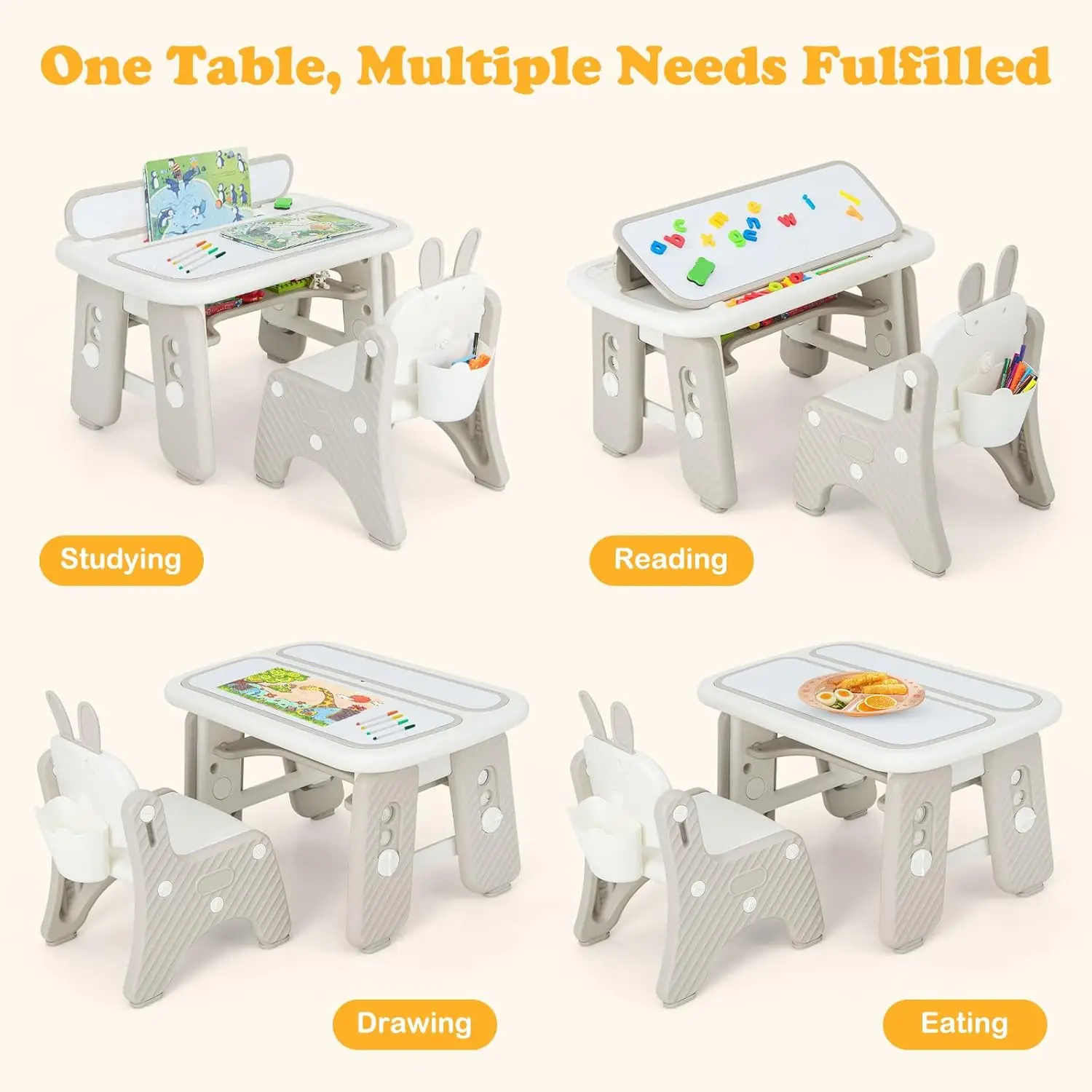 Kids Table and Chair Set, Activity Table with Magnetic Drawing Board 4 Gears Adjustable Height Bookshelf Watercolor Pens,