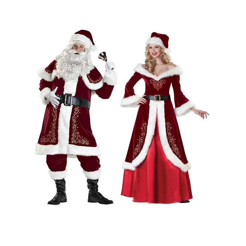 Santa Claus Costume Suit For Men Couples Deluxe Red Velvet Santa Dress Christmas Costumes For Women Holiday Party Cosplay Outfit