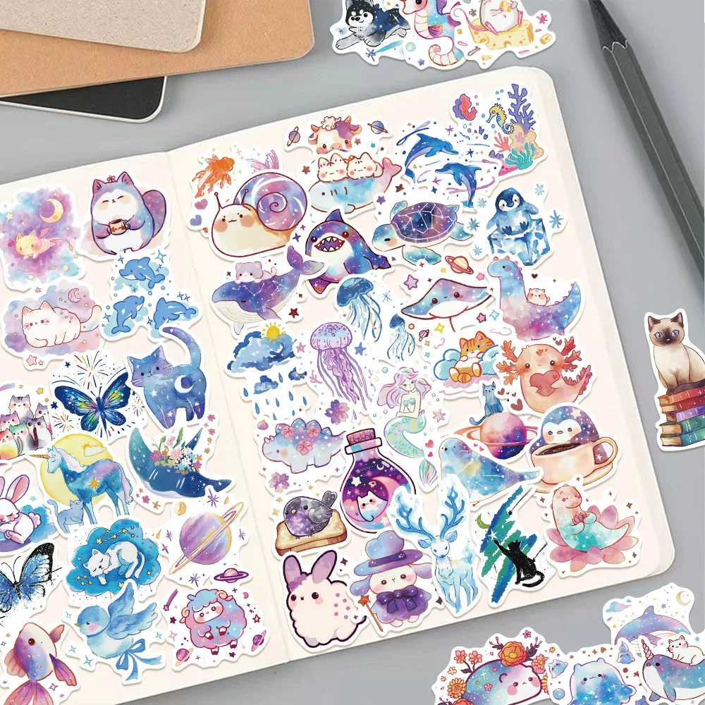 Autocollant de créatures aquarelle ciel étoilé, 50 pièces, papeterie Graffiti pour carnet de notes, café étanche, autocollants pour Scrapbook