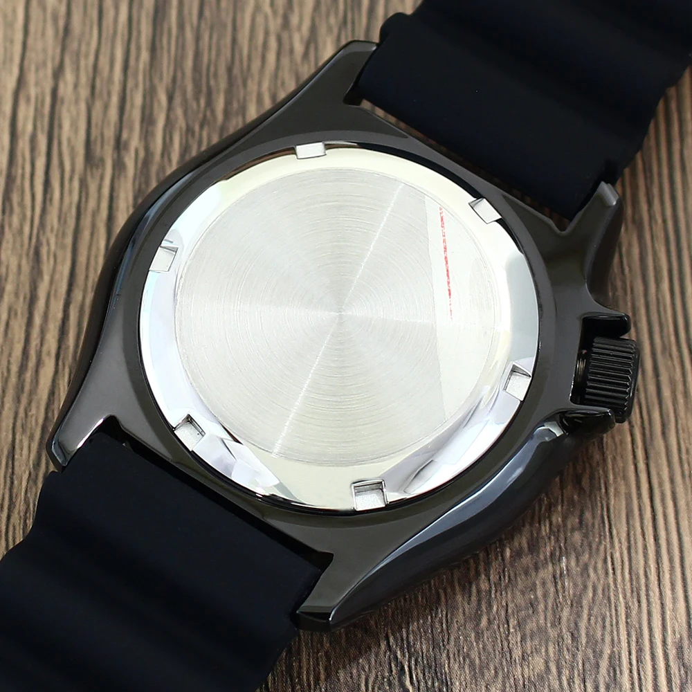 Caja de reloj SKX negra PVD de 42,5mm, cristal de zafiro de doble arco para NH34 NH35 NH36 NH38 NH70 Movts con anillo de capítulo, pieza de correa de goma
