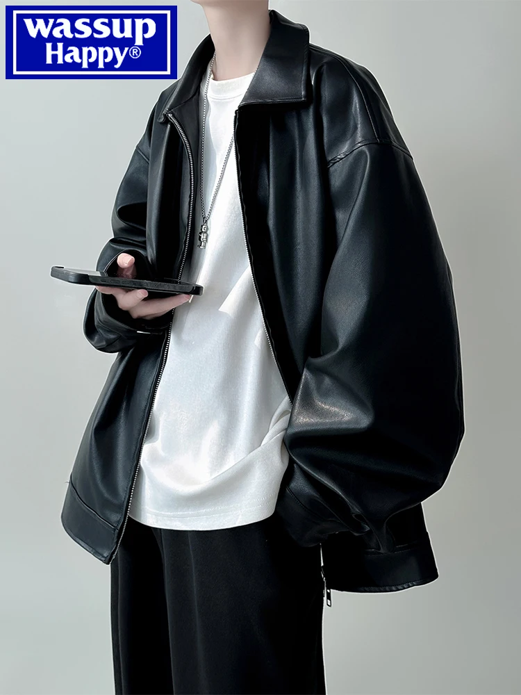 

Wassup Happy Men's Biker Leather Jaet Vintage American Sle Spring Autumn Winter Zipper Decorated Loose Fit Long Sve