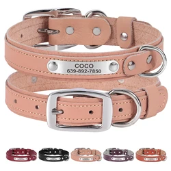 Customized Genuine Leather Dog Collar Soft ID Dogs Collars with Nameplate Free Engraving Name for Small Dogs Puppy Adjustable