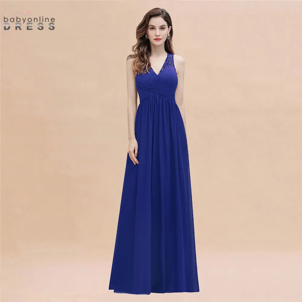 Elegant Royal Blue Evening Dresses Lace Pleat Sequined Long Chiffon A-Line Formal Party Prom Gowns Backless Vestido De Fiesta