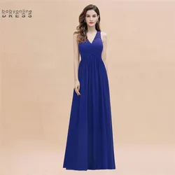 Elegant Royal Blue Evening Dresses Lace Pleat Sequined Long Chiffon A-Line Formal Party Prom Gowns Backless Vestido De Fiesta