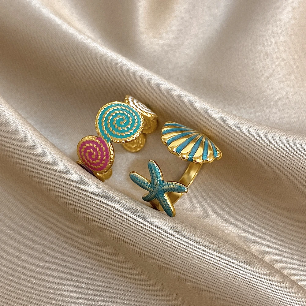 Greatera Fashion 2pcs/Set Colored Screw Thread Starfish Shell Ring Unique Summer Beach Style Women's Rings Jewelry Accessories