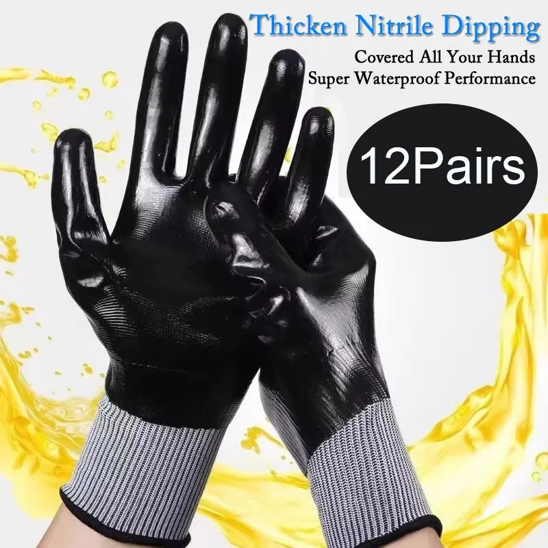 12pair Anti-Slip Blue/Black Nitrile Fishing Repairing Coated Waterproof Safety  Oil/Resistant For Garden Water Work Gloves