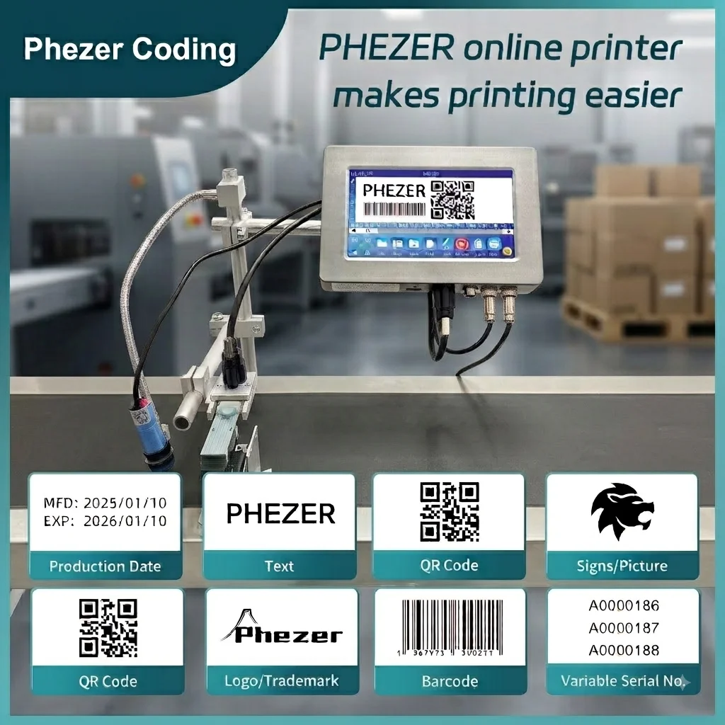 PHEZER P170 Online Inkjet Printer 12.7mm/25.4mm TIJ Coding Machine Expiry Date QR Code Barcode Batch Serial Number Logo Printing