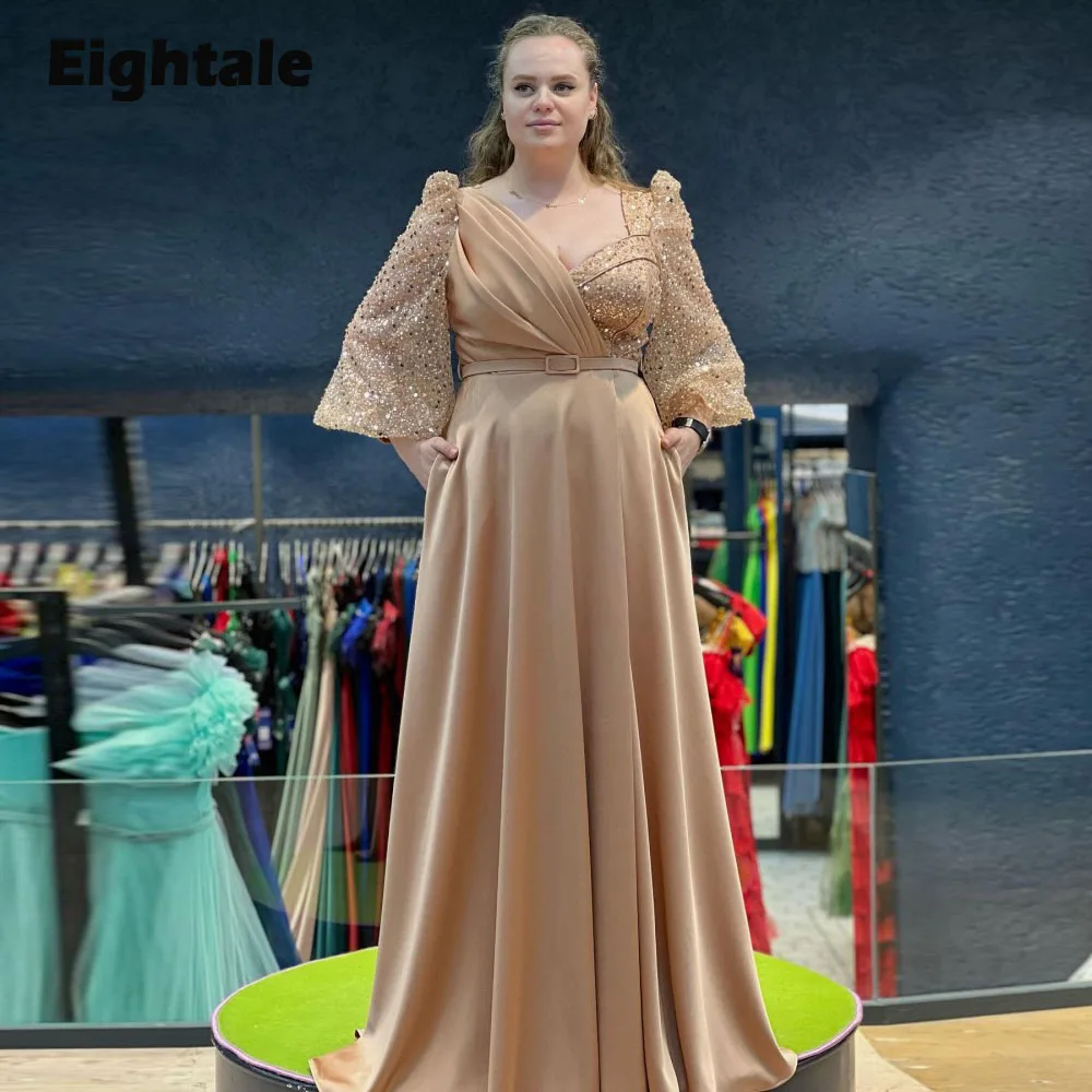 

Eightale Arabic Evening Dresses Long Puffy Sleeves Sparkly A-Line Plus Size Prom Party Gown Robes Longues De Soiree Luxe 2023