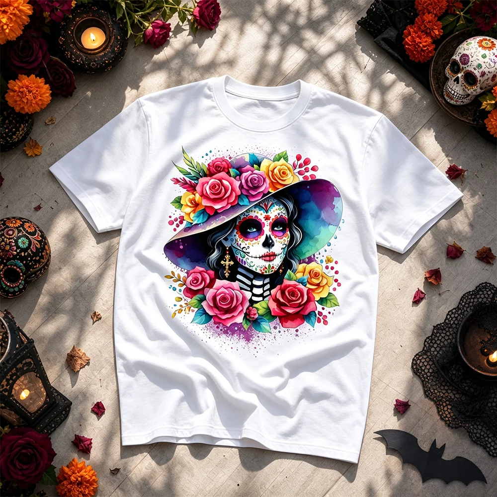 Unisex Day of the Dead Mexican T-Shirt Short Sleeve Breathable Catrina Parent-Child Top with Colorful Rose Gothic Skull Design