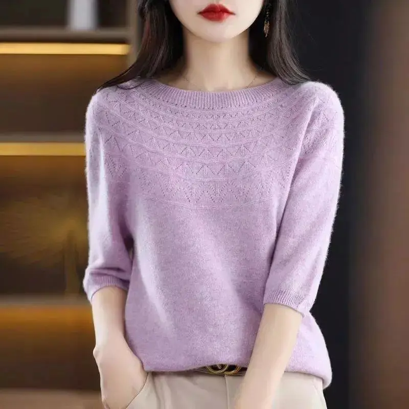 Round Neck Half Sleeve Screw Thread Solid Color Women\'s Clothing Pullover Sweater Knitted Casual Fashion Office Lady Tops