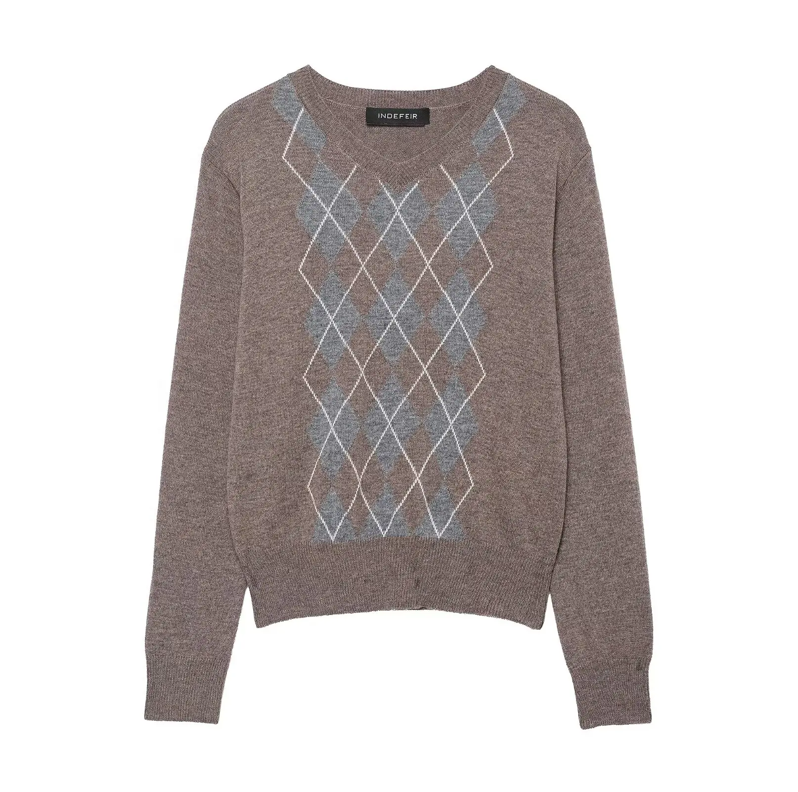 

Women's Autumn New Collection Color blocked Diamond Pattern Knitted Sweater V-neck Knitted Sweater Casual Fashion Top