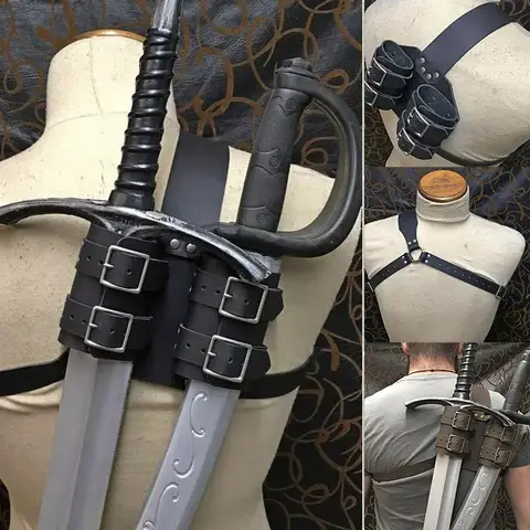 중세 Witcher 칼 어깨 뒤로 Scabbard 칼집 홀더 바이킹 기사 해적 코스프레 의상 조정 가능한 홀스터 개구리 남성용