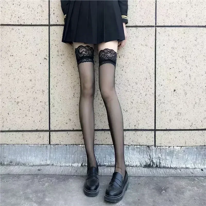 JK Costumes femmes Sexy cuisse haute résille bas Lolita filles gothique Punk Transparent sur le genou rouge large bord longues chaussettes
