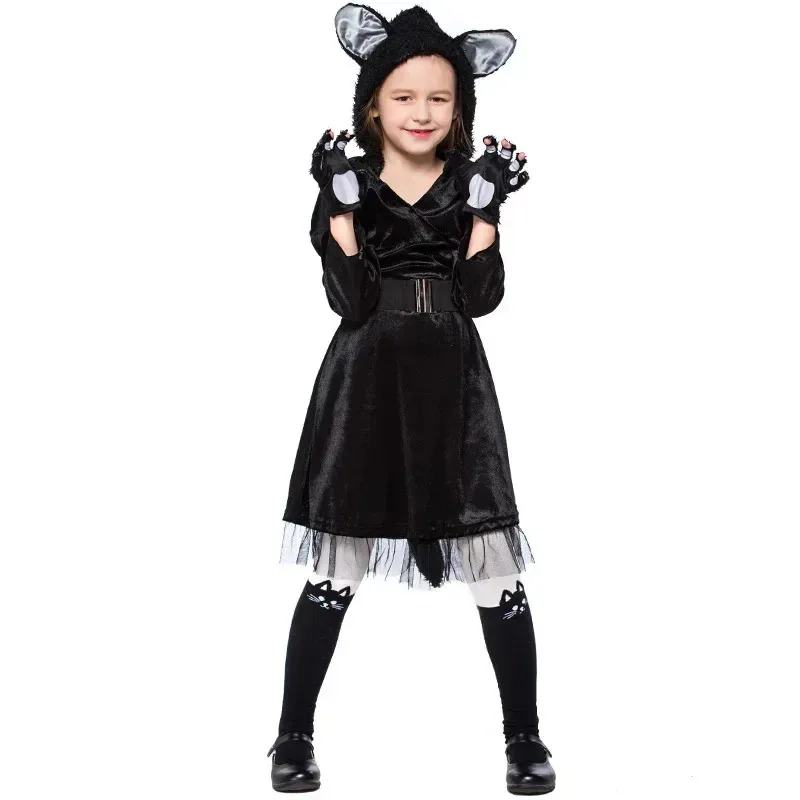 

Girls Black Cat Costume Set - Full Body Kids Cosplay Halloween Outfit for Carnival Party