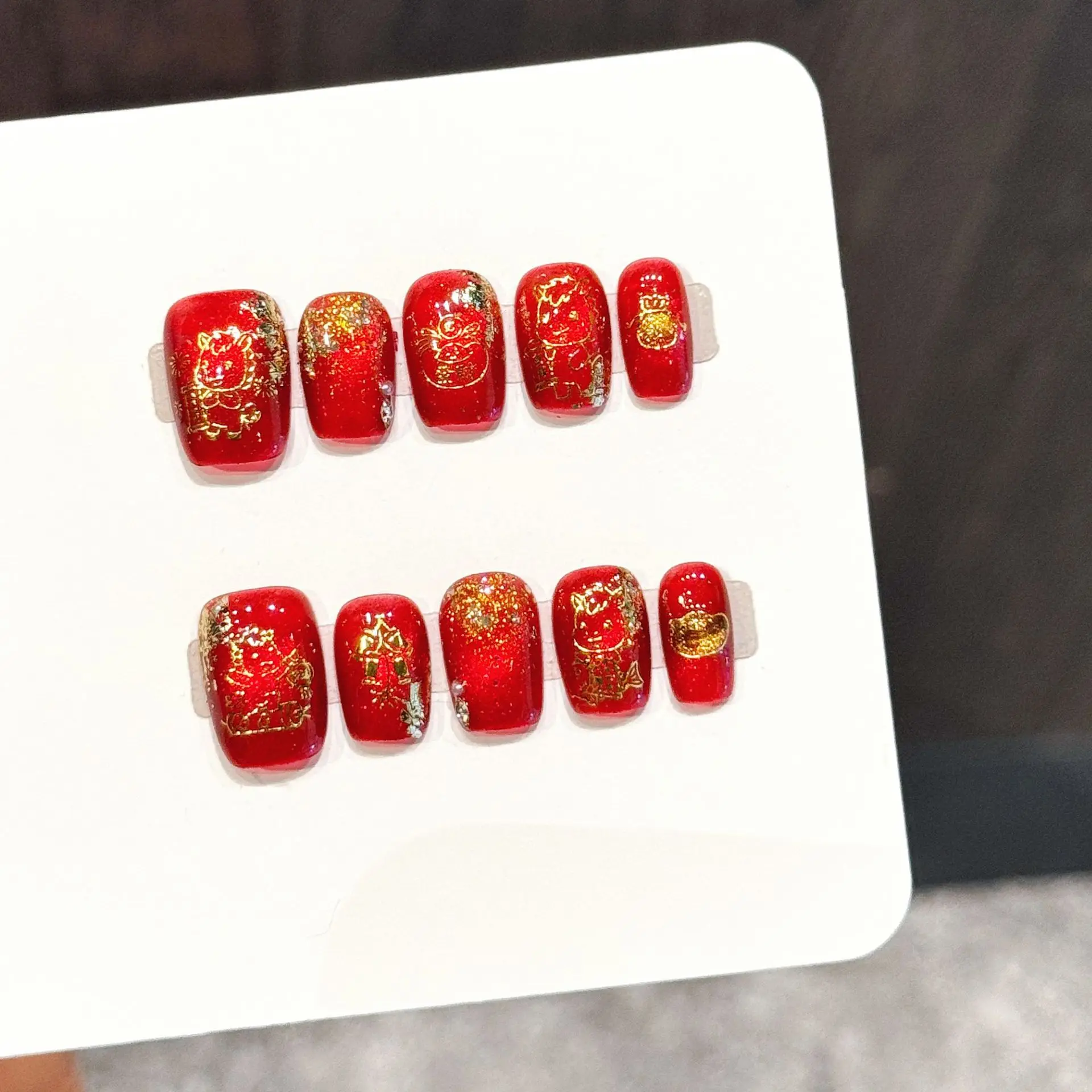 10PCS Short Coffin Handmade Press On Nails,New Year Red Gold Foil Celebration,Suitable For Festivals Parties And Daily Wear.