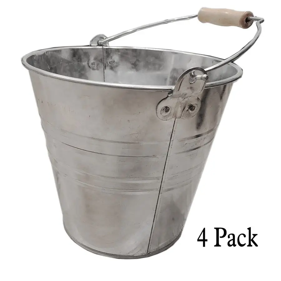 دلو معدني سعة 1.875 جالونًا مكون من 4 علب سطل فضية مع مقبض خشبي مظهر ريترو للزراعة أو الديكور، سلة هدايا، ثلج، أعلى 9.5 Heig