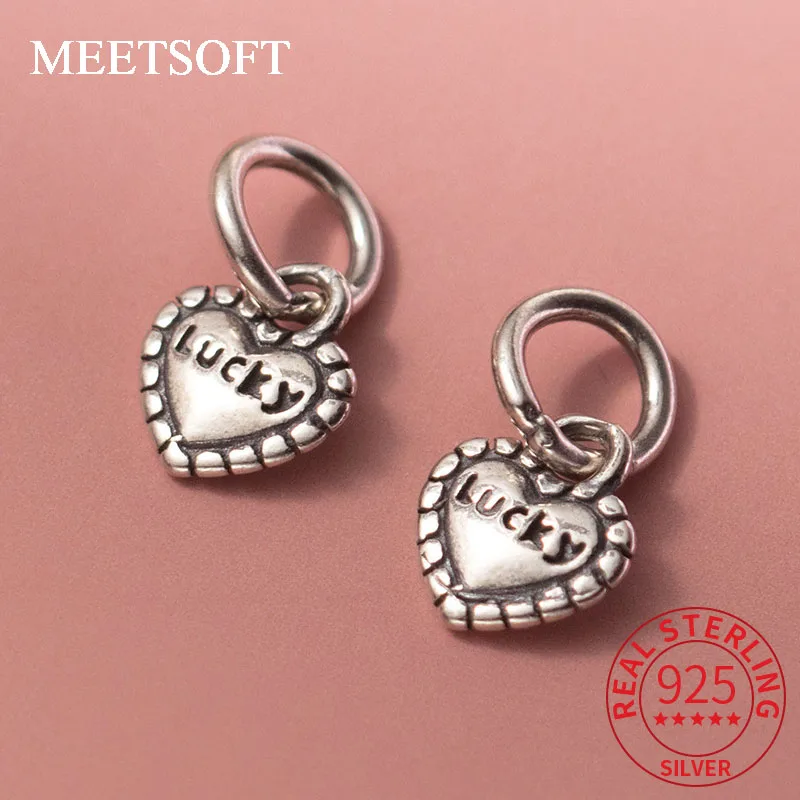 MEETSOFT S925 Sterling Silver Lucky English Heart Pendant Hanging Tag DIY Beaded Pendant Hand Woven Rope Material Accessories