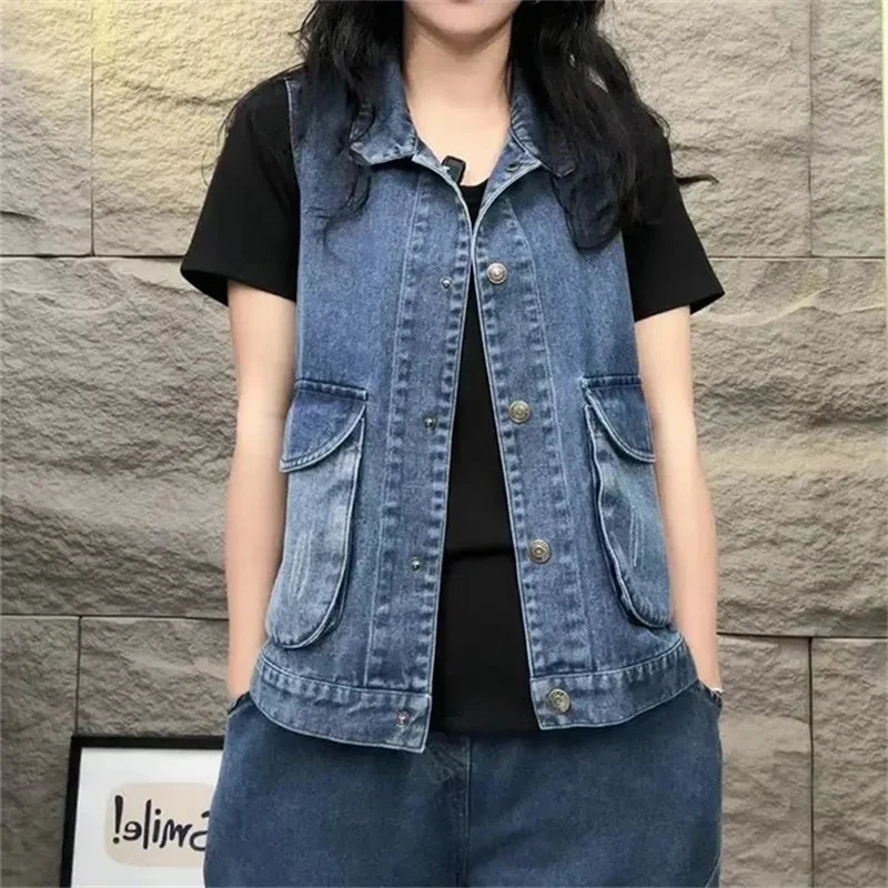 

2024 New Spring Autumn Female Fashion Pocket Denim Vest Jacket Women Sleeveless Joker Jeans Coat Casual Waistcoat Lady Top 5XL