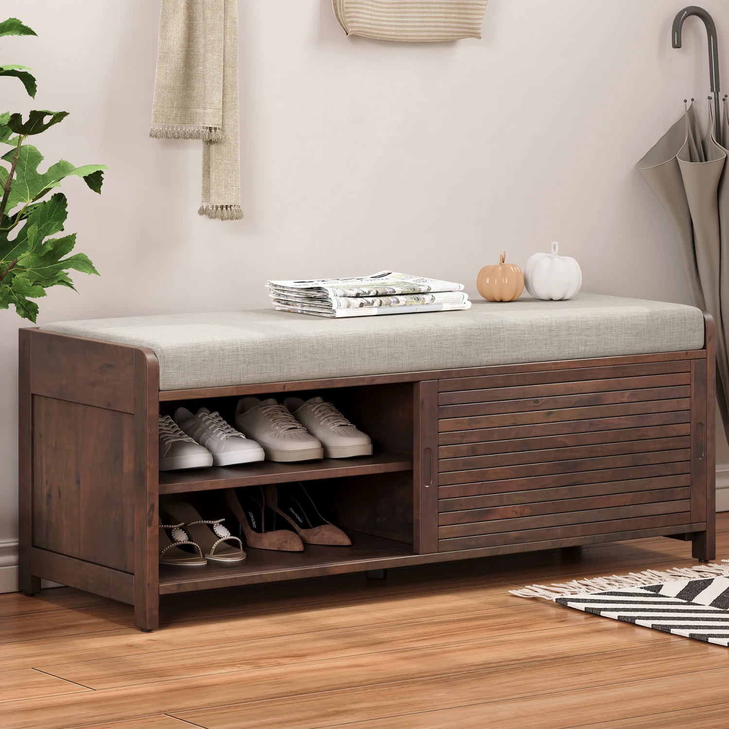 TREXM Distressed Shutter Storage Bench - Retro Charm for Living Room, Entryway (Espresso)