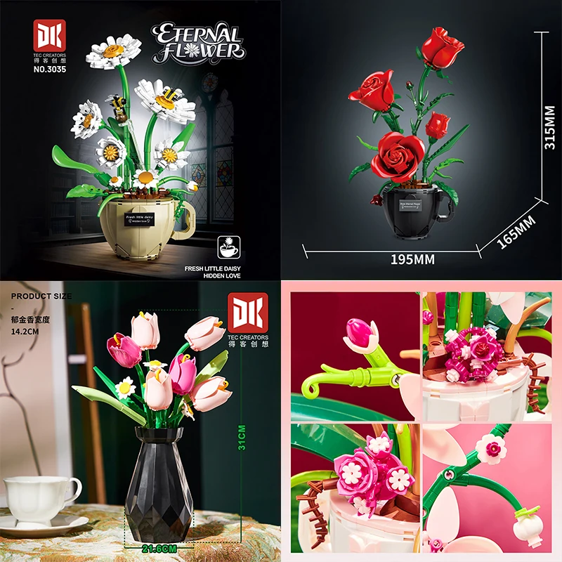 

Simulation Flower with Vase Building Blocks Model Rose/Orchid/Tulips Bouquet Assembly Set Bricks Ornaments Girl DIY Gift DK3036