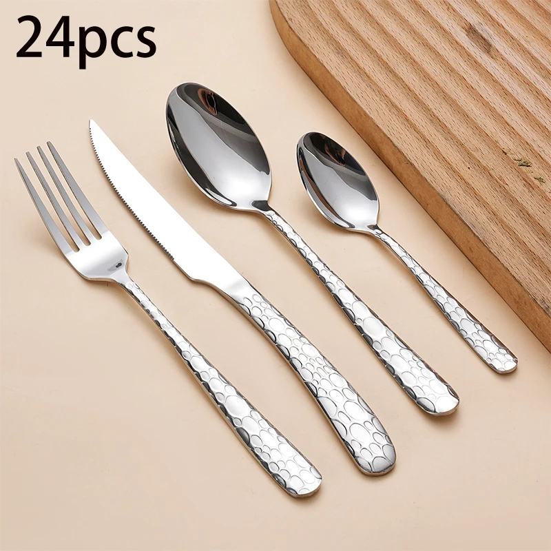 24-teiliges Besteckset aus Edelstahl, Steakmesser und -gabel, Dessertlöffel, Obstgabel, Kaffeelöffel, für Feiertagspartys.