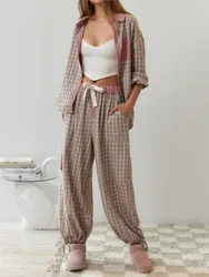 Fashion Lapel Long-sleeved Single-breasted Shirt Top + Long Pants 2-piece Set For Women Autumn Plaid Print Home Wear Suit Female