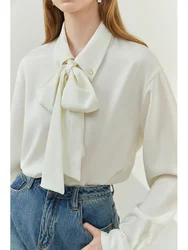 FSLE Bowknot Chiffon Shirt For Women Long-Sleeved 2023 Spring New Style Ribbon Shirt For Women Loose Office Lady Pullover