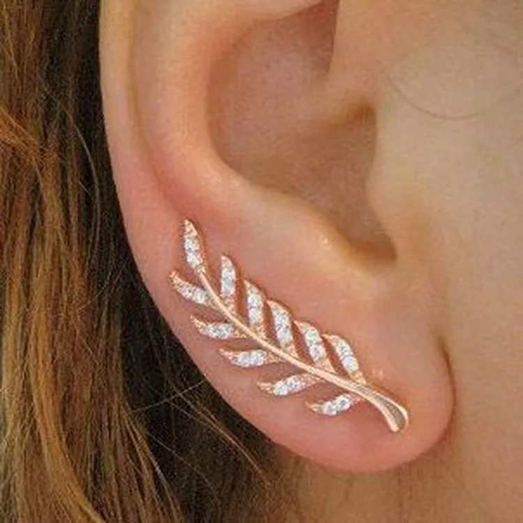 Elegant Sparkling Wheat Leaf Earrings - Gold Tone with Full Paved CZ Crystals, Graceful Long Line Design, Great for Bridal Wear, Parties and Office Styling