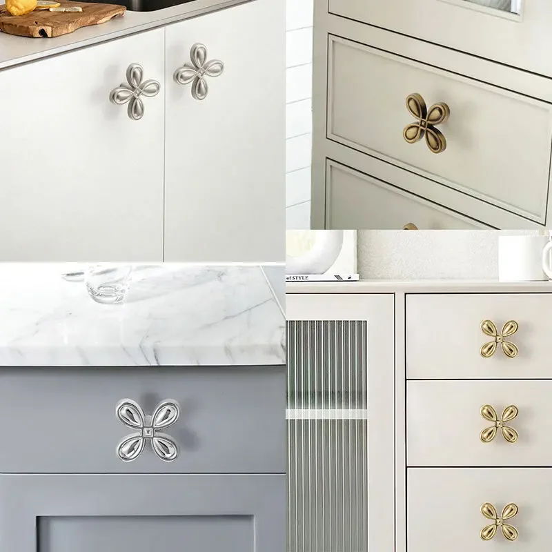 Solid Brass Clover Cabinet Knobs French Luxury Single Hole Drawer Pulls for Wardrobe Dresser Home Decor Furniture Hardware