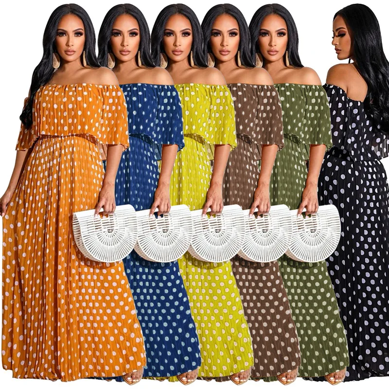 

Summer Slash Off Shoulder Sexy Maxi Long Dress Women Dot Print Chiffon Beach Holidays Boho Dresses Robe Vintage Vestidos