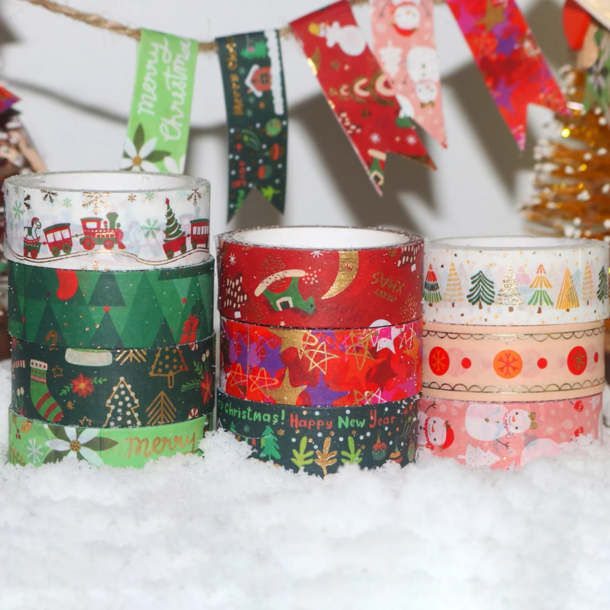 10ロール、クリスマス柄のブロンズ和紙テープ、ホリデーパーティーのDIY、フォトフレームやギフトボックスの装飾ギフトに最適