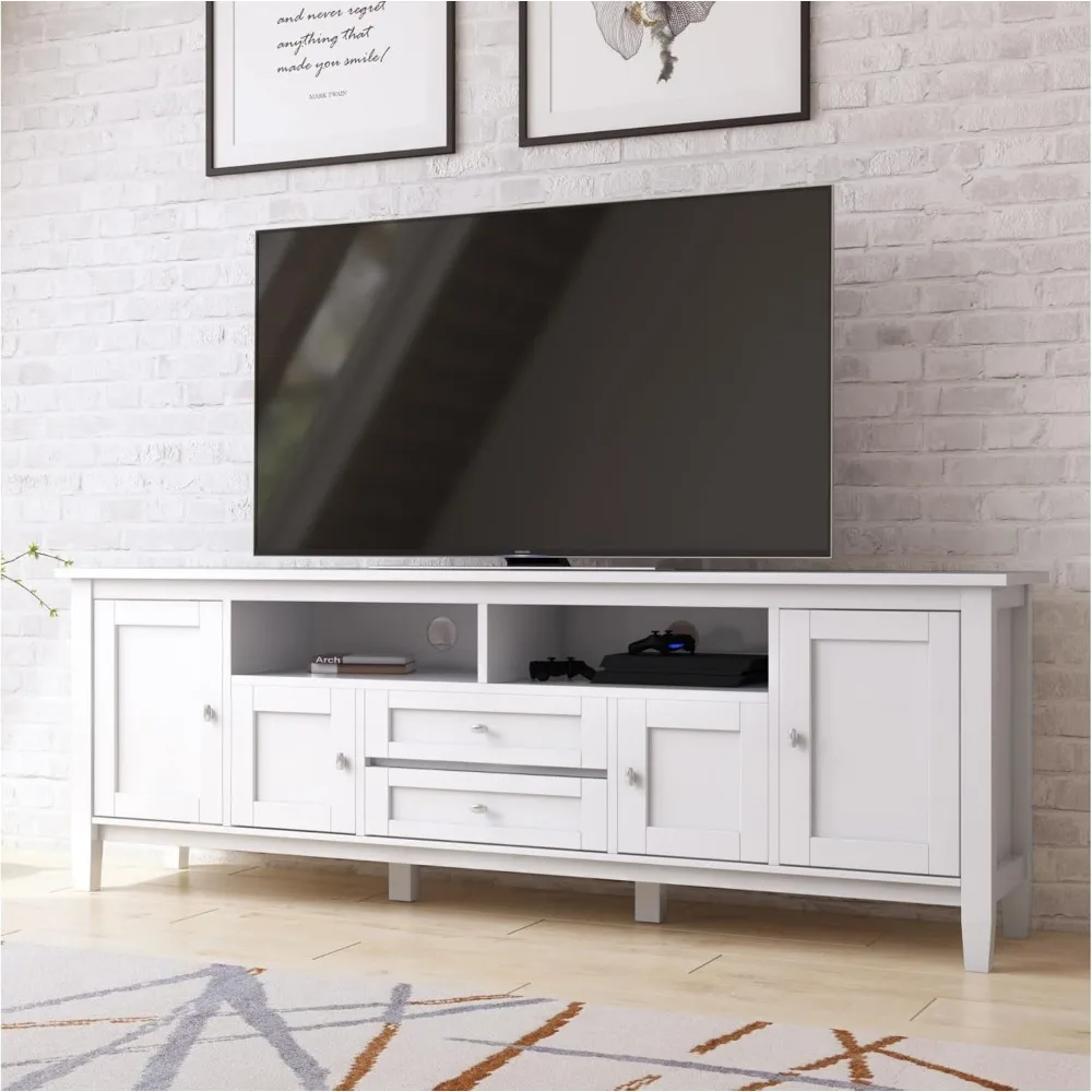 

SOLID WOOD Universal TV Media Stand,72inch Wide,Farmhouse Rustic,Living Room Center for Flat Screen TVs up to 80 inches in White