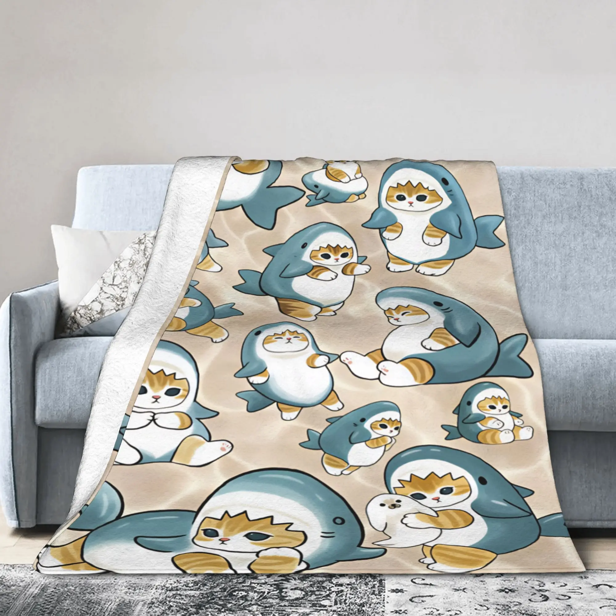 Soft Warm Blanket Picnic Mofusand Japanese Shark Cat Throw Blanket  Flannel Bedspread For Chair Sofa Bed Fluffy Sofa Bed Cover
