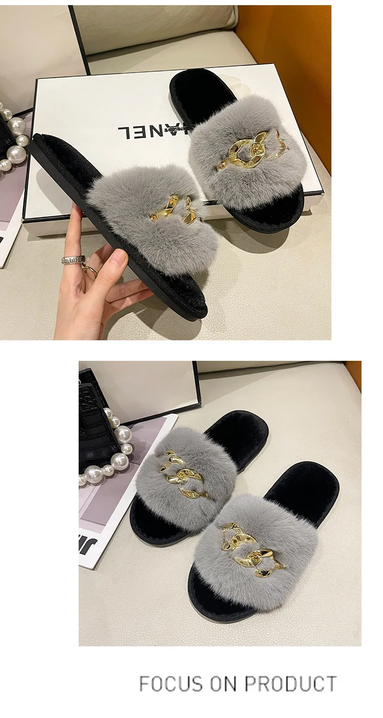 Herbst/winter Metall Kette Woolen Baumwolle Hausschuhe Mode Warme frauen Große Pelz Flache Ferse Gerade Hausschuhe Hause Baumwolle pantoffel – Detail 9