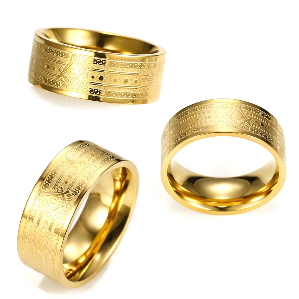 European And American Gold Stainless Steel Freemason All-Seeing Eye Men's Ring, Gold Ring Engraved With The AG Logo