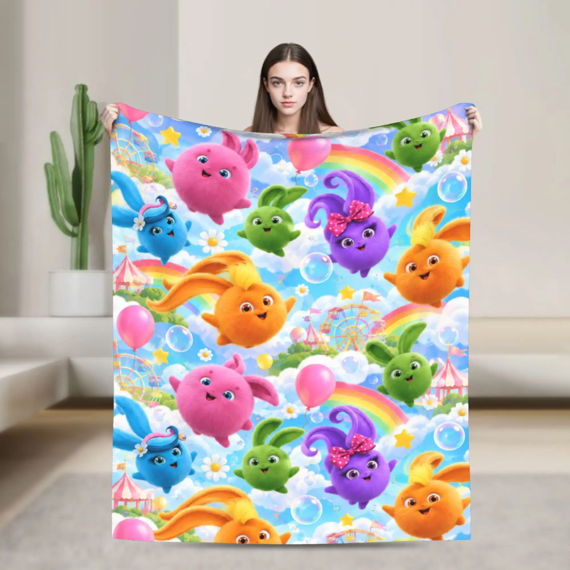 Sunny Bunnies five colourful balls Plush Blanket Girls Boys  Flannel Bedding Throws For Couch Chair Sofa Bed Soft Warm Bedspread