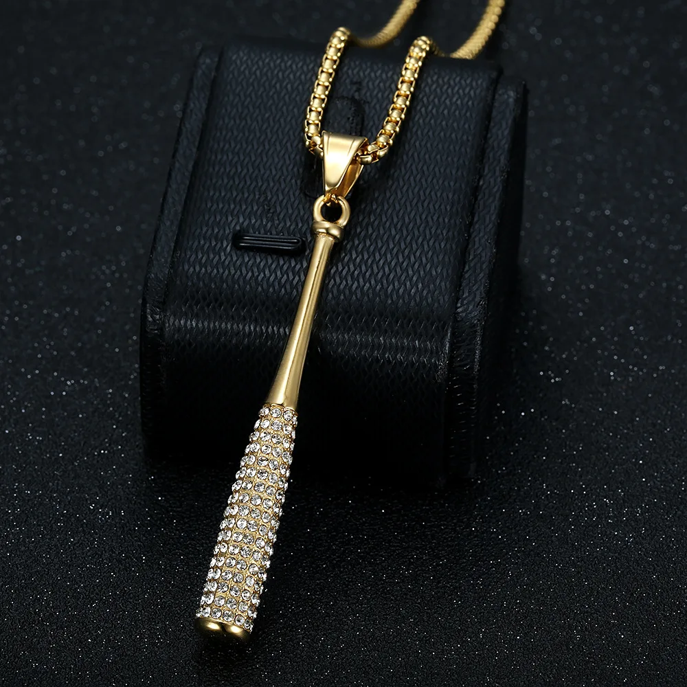 

Besiko Hip Hop stainless steel Baseball Bat with zircon Pendant Necklace Gold Silver Chain For Men's Punk Rock Biker Jewelry