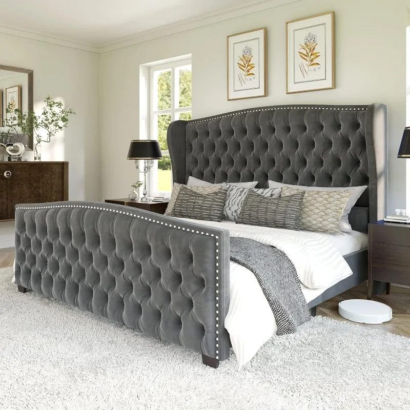 

King Size Platform Bed Frame, Velvet Upholstered Bed with Deep Button Tufted & Nailhead Trim Wingback Headboard/Grey