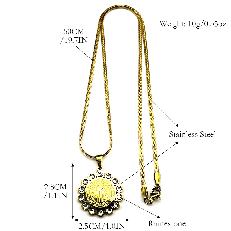 حجر الراين سانت بنديكت ميدالية قلادة قلادة للرجال النساء الذهب اللون الفولاذ المقاوم للصدأ سان بينيتو مجوهرات الحفلات الدينية