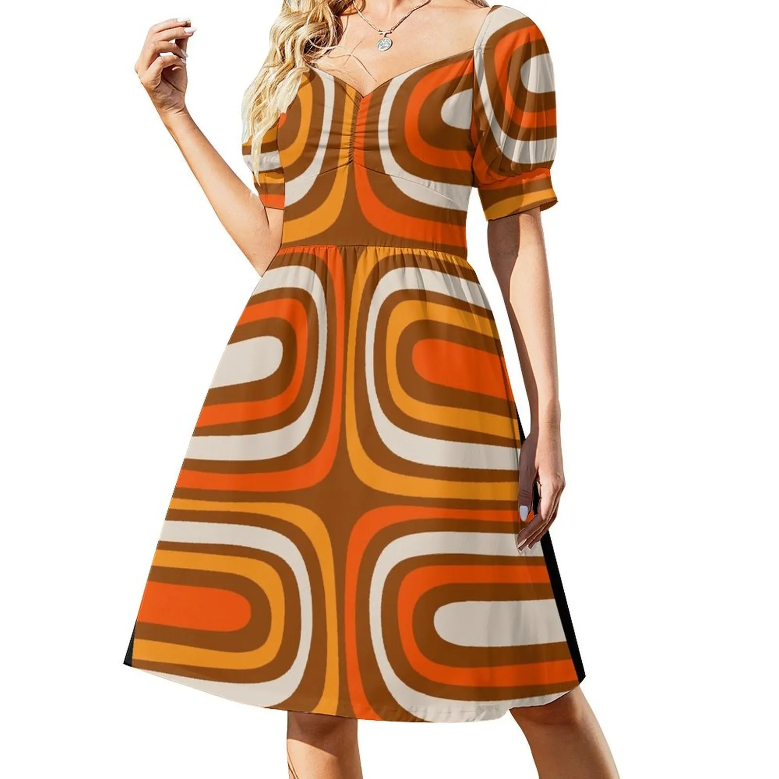 

Midcentury Modern Confaab Abstract Vertical Pattern in Retro 70s Light Brown and Orange Short Sleeved Dress prom dress Dress