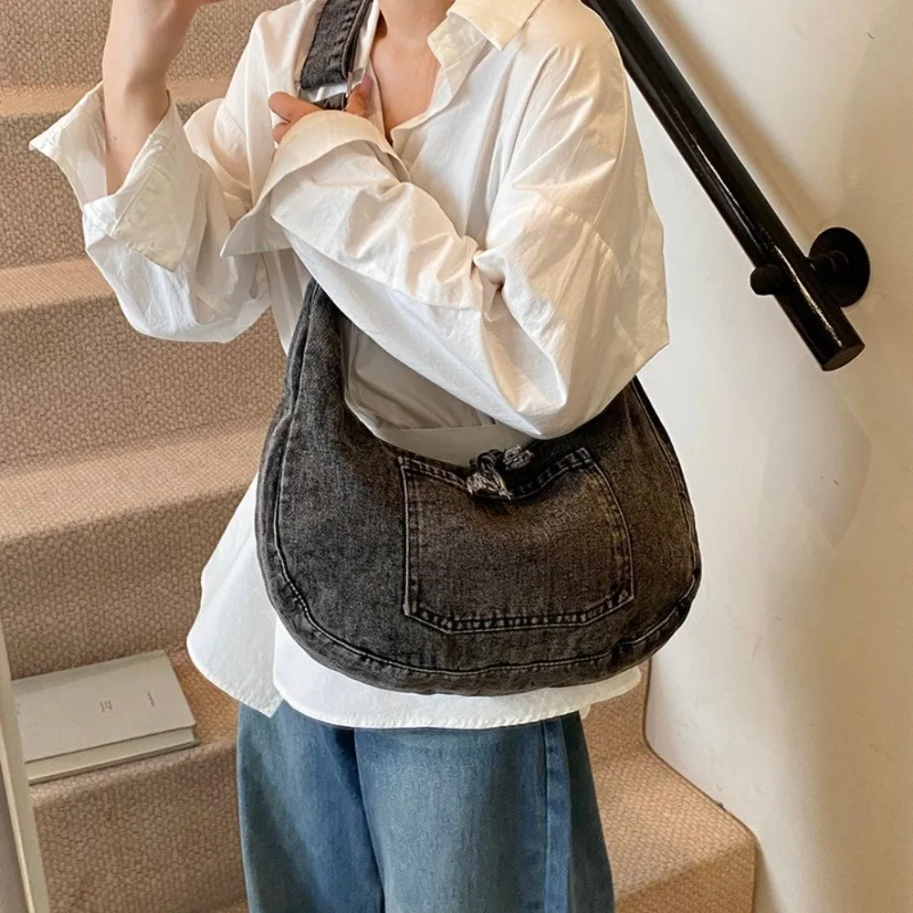 

Fashion Vintage Denim Shoulder Bag Versatile Multi-pockets Cross Body Bag Large Capacity Commuting Satchel Bags Handbag