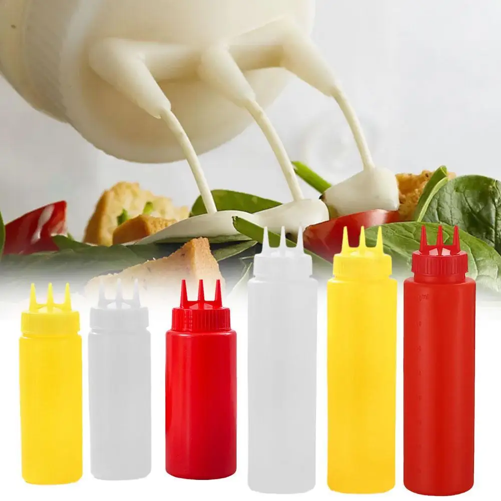 3 Holes Twist Cap Squeeze Bottle Food Grade Plastic Ketchup Mustard Mayo Sauce Olive Oil Bottle Kitchen Tool 12oz Squeeze Bottle