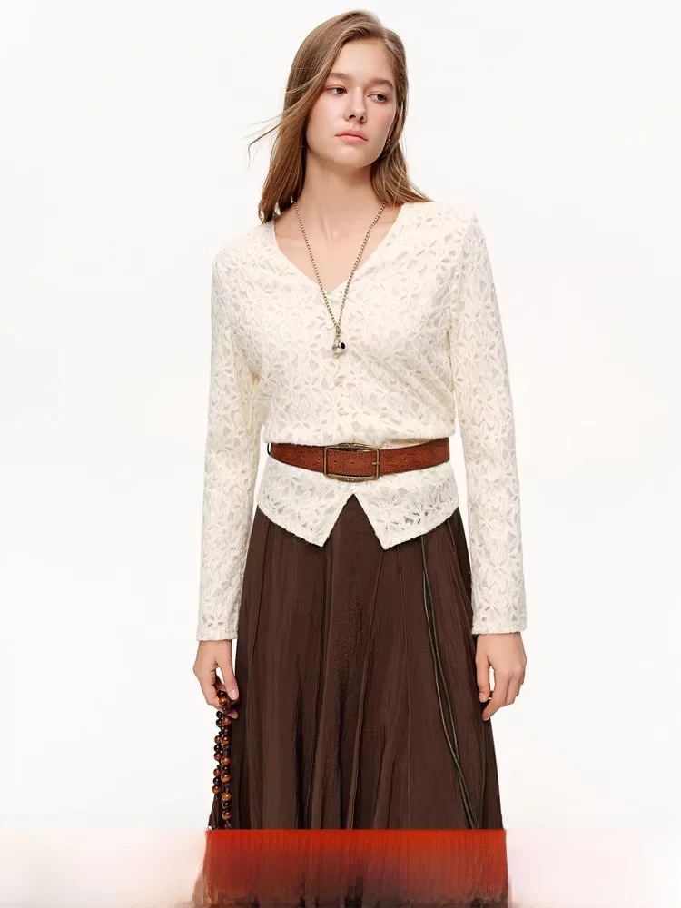 

Романтический кружевной топ для женщин: новый винтажный топ с эффектом утяжки на талии, элегантный, с длинными рукавами, V-образным вырезом, из нейлонового волокна