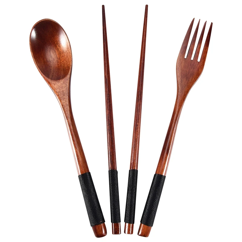 Wooden Flatware Set, Wooden Portable Set Chopsticks Spoon Fork Tableware Dinnerware With Black Twining Thread