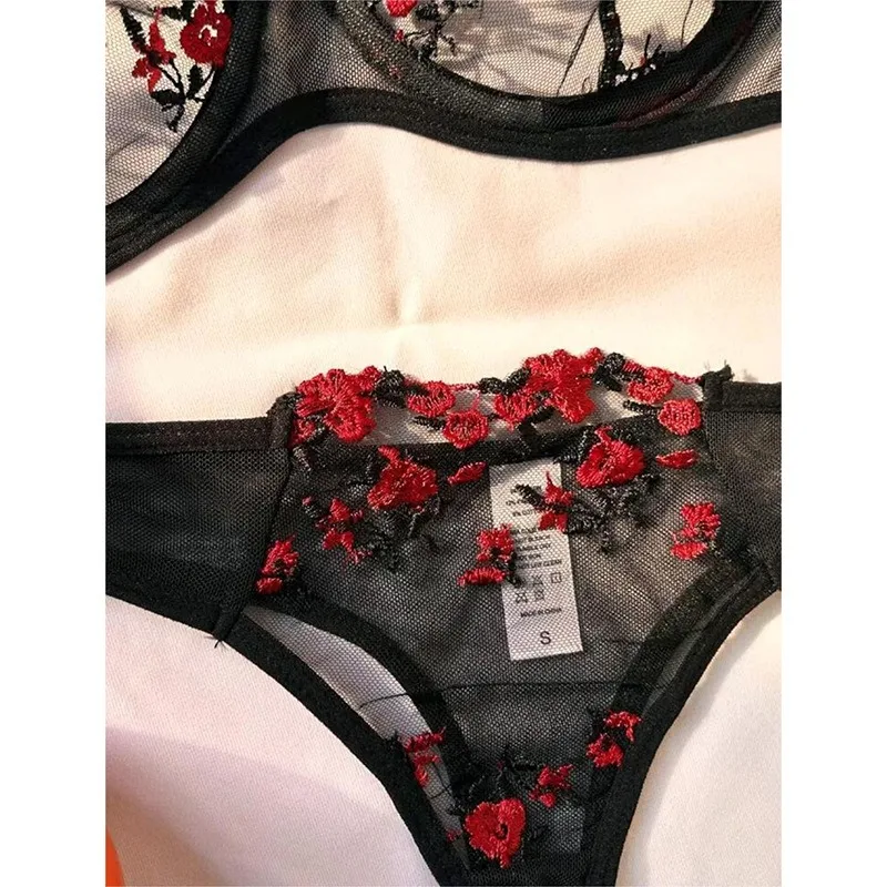 Tornova Mesh Stickerei Blume Durchsichtige Sexy Interessante Unterwäsche Panty Plunge Exposed Nabel Schlank Sexy Spitze Unterwäsche Set