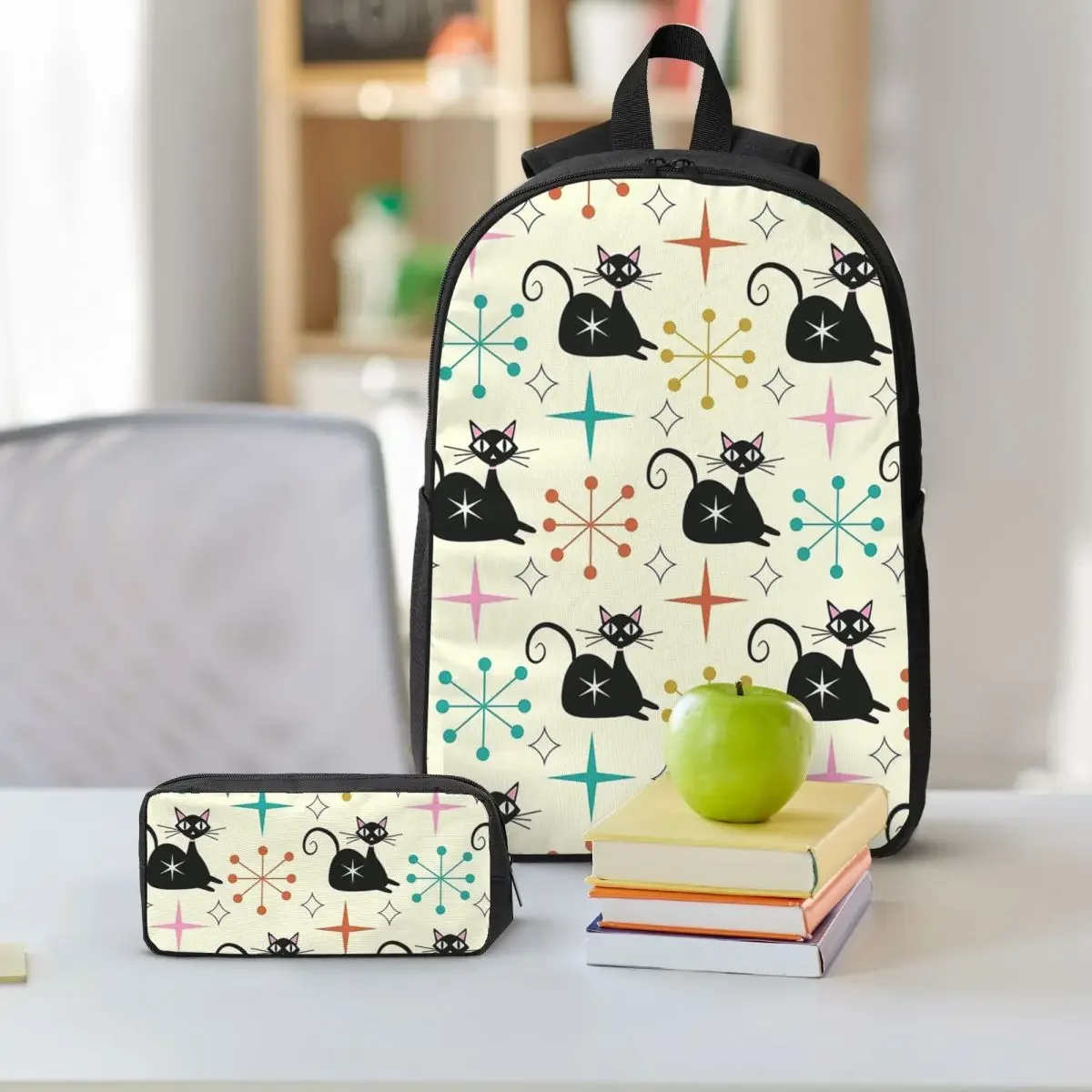 Black Atomic Cat With Starbursts Backpack BookBag School Bag Computer Shoulder Bags 3ps Insulated Lunch Bag Pencil Case