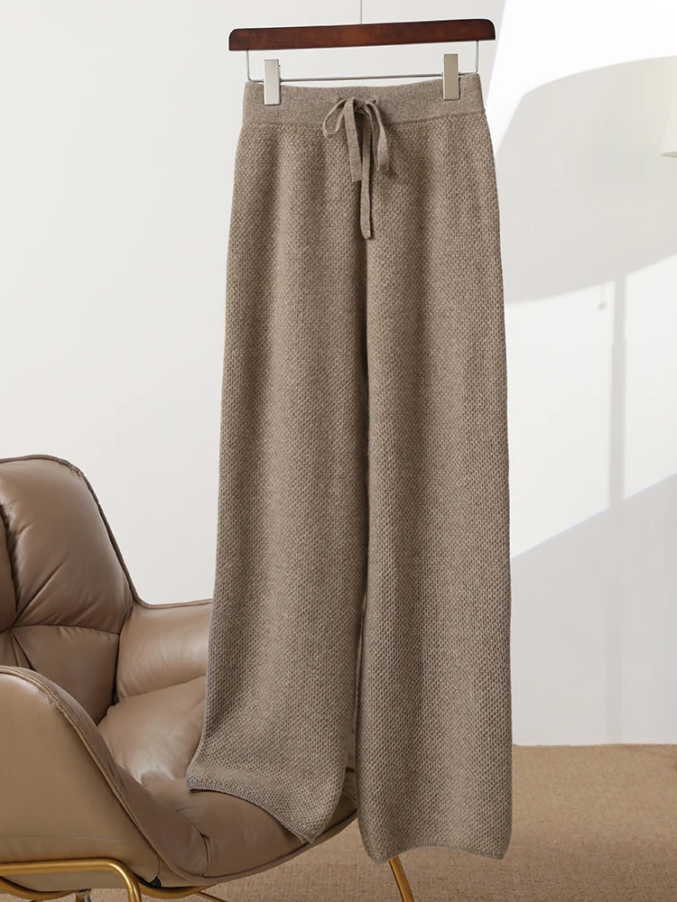 

Beehive Pin Wide-Leg Drawstring Pants Autumn Winter Women 100% Merino Wool Knitwear Female Grace Casual Loose Knitting Trousers