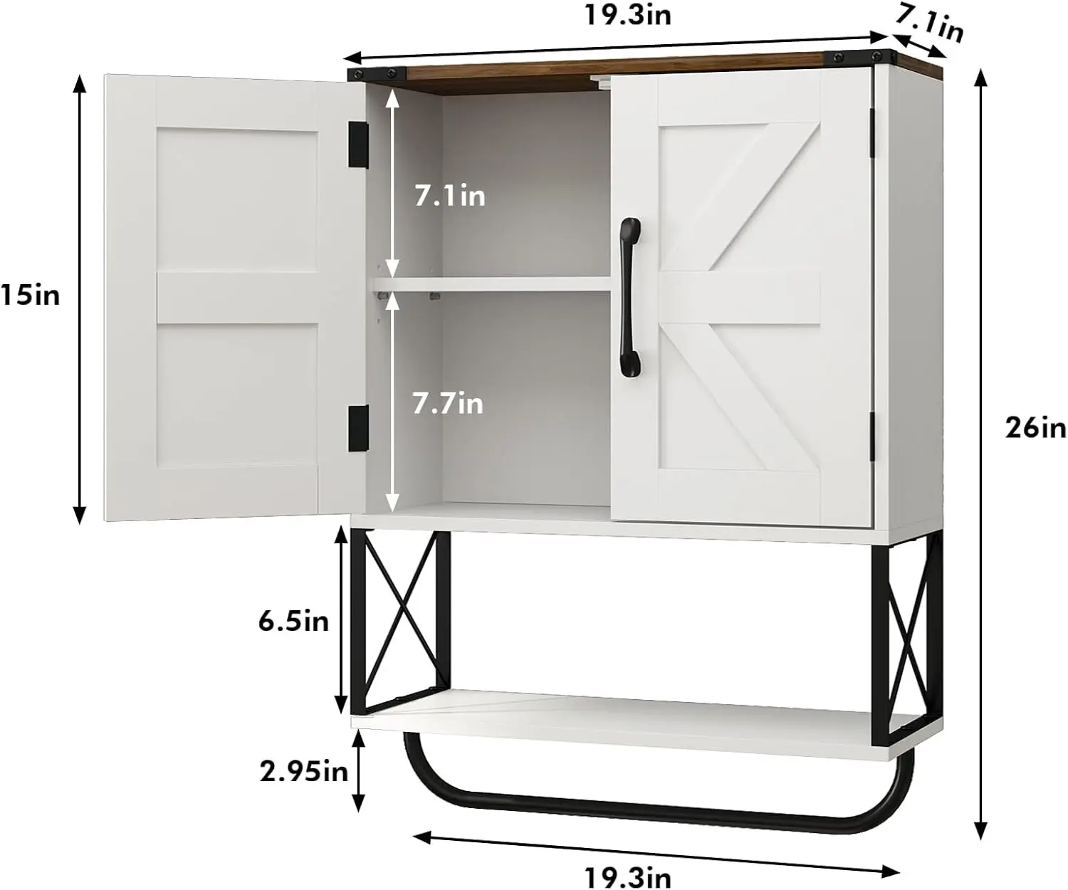 خزانة أدوية المزرعة مع أبواب الحظيرة، ورف قابل للتعديل وبار المناشف، وتخزين الحمام من خشب الجوز الأبيض