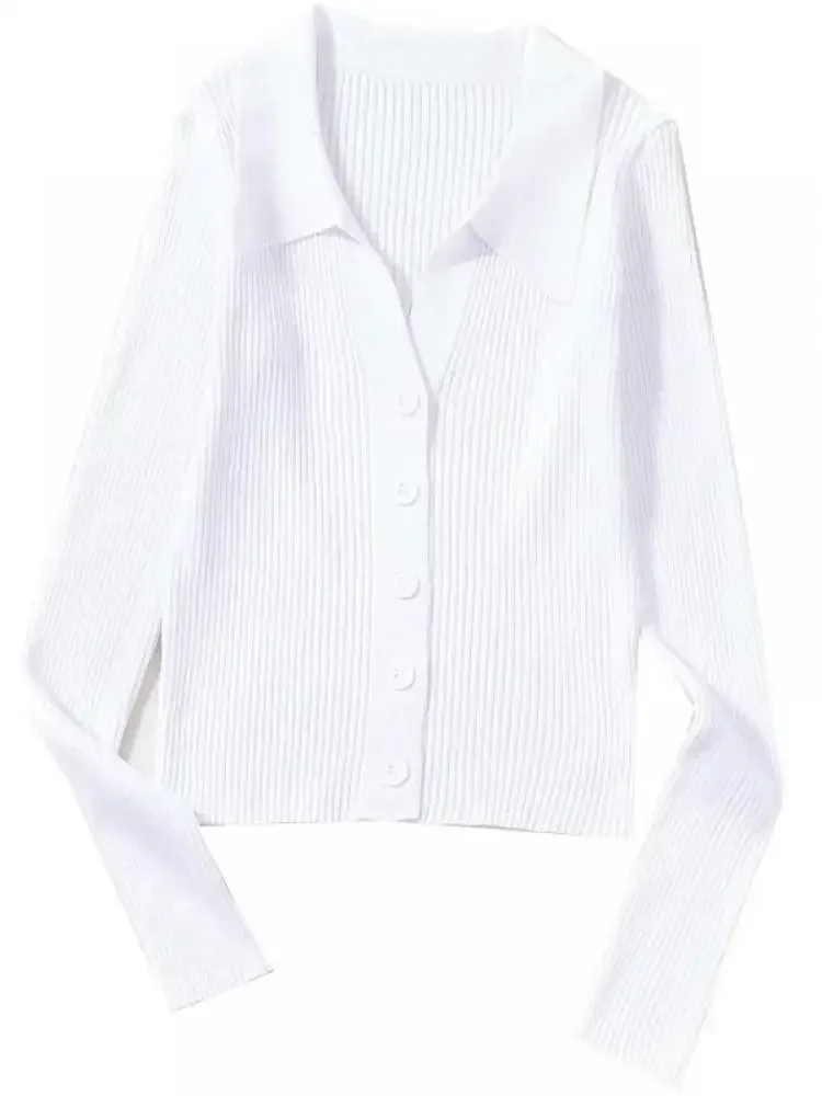 2024 Sexy V-neck Knit Cardigan Sweater Women's Long-sleeved Button-down Lapel Slim Top